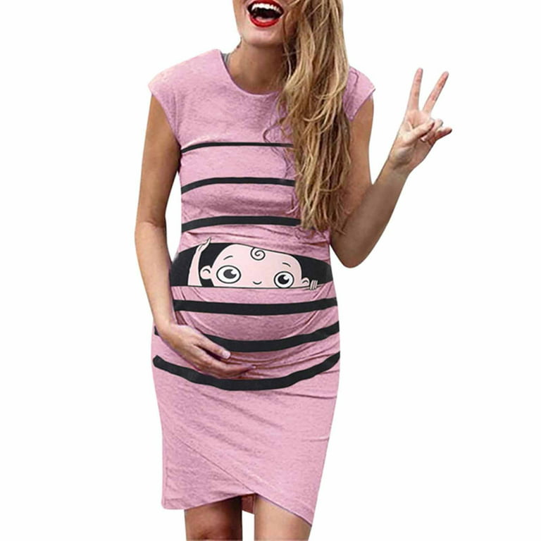 Taqqpue Womens Summer Maternity Dress Short Sleeve Round Neck Cute Funny  Baby Print Pregnancy Bodycon Tank Dress Maternity Clothes Side Ruched  Bodycon