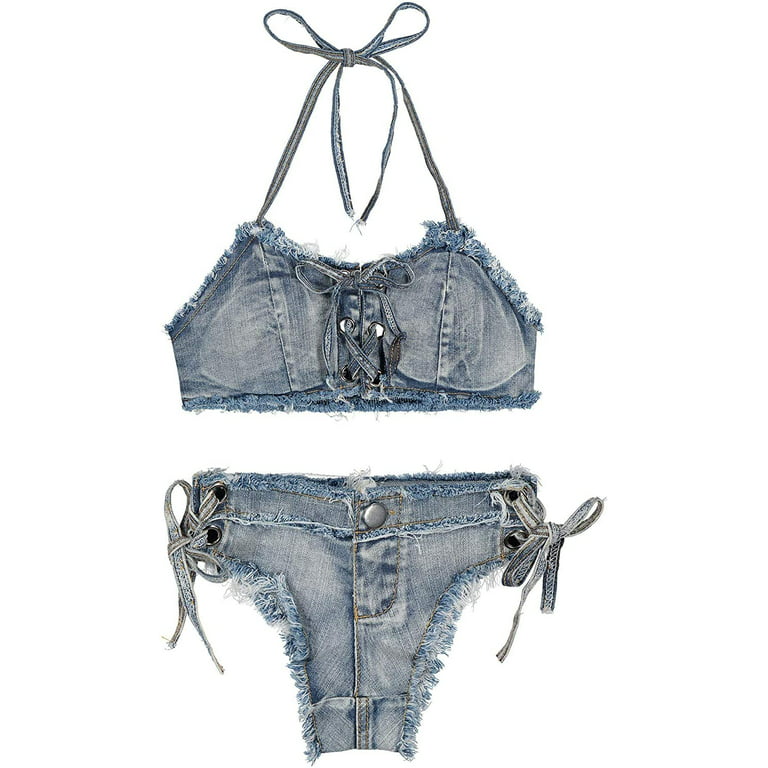 Women's Denim Bikini Set With Jeans Shorts And Bra For Beach Play