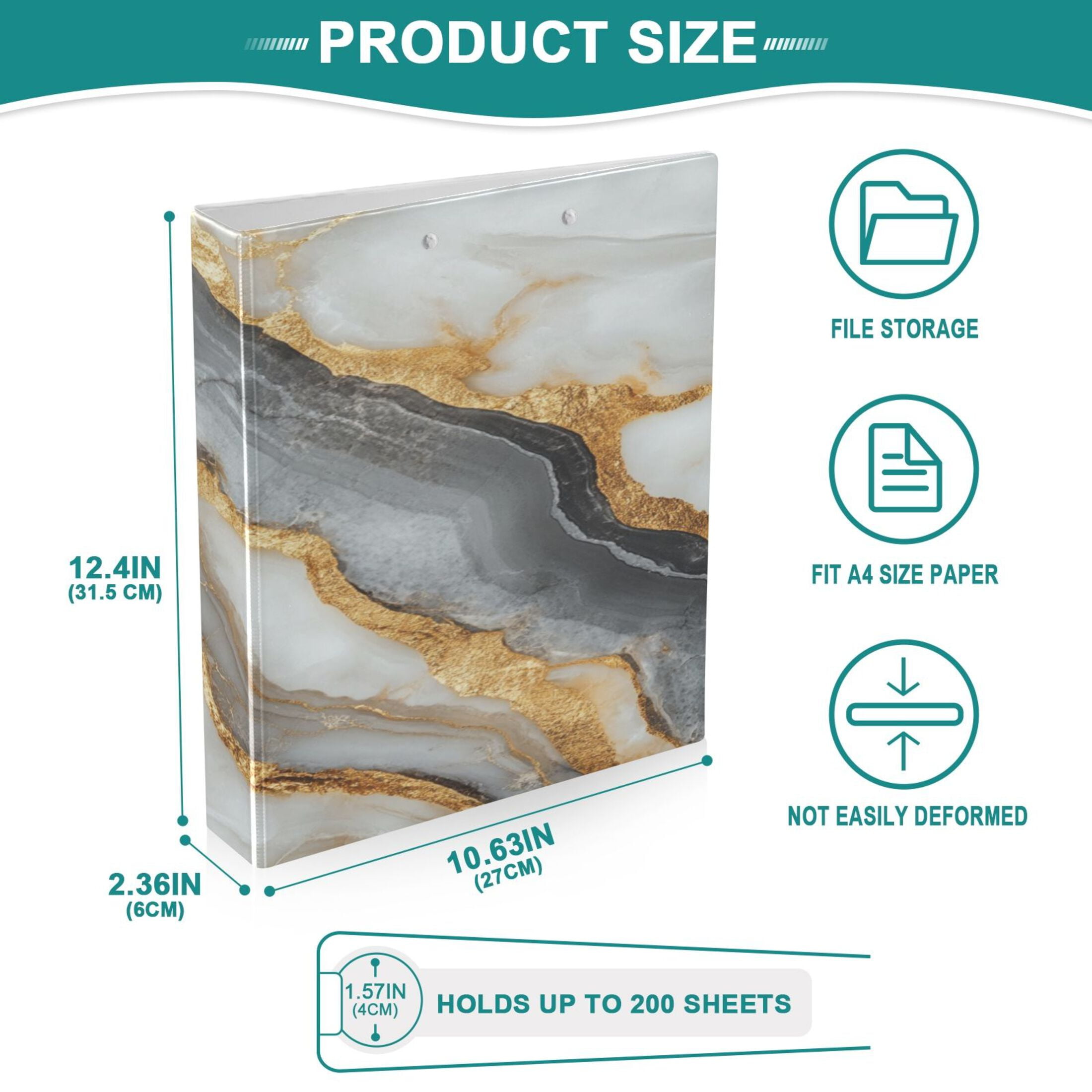 WOBOGO Black Gold Marble Pattern File Folders Extra Large Capacity to Hold 200 Sheets of Documents Hard Shell Ring Binder for School Home Office