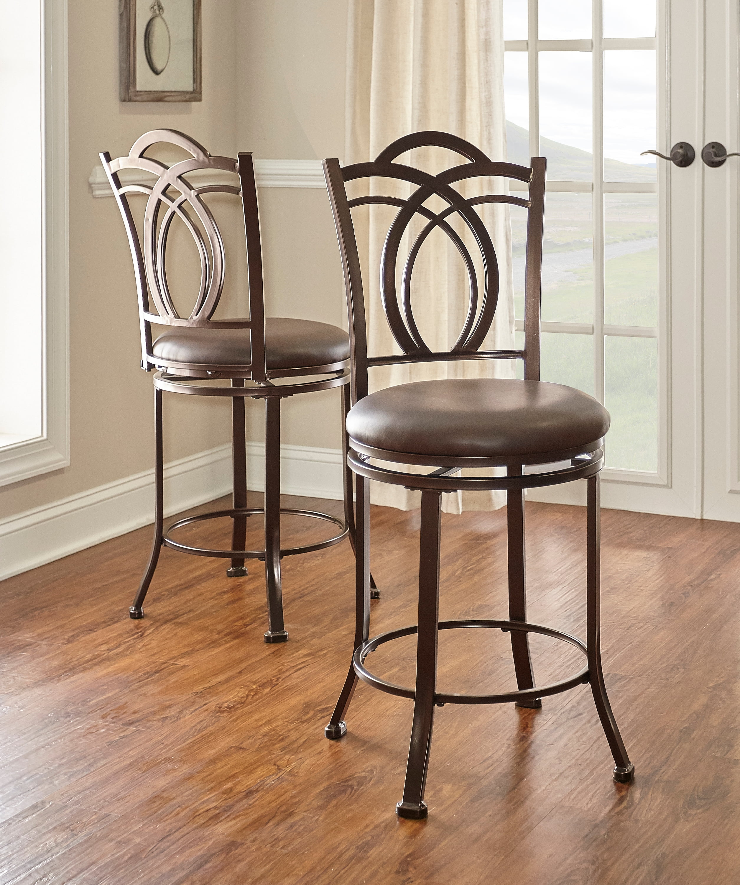 Linon Mokena 24" Round High Back Counter Stool, Coffee Brown/Coffee Faux Leather