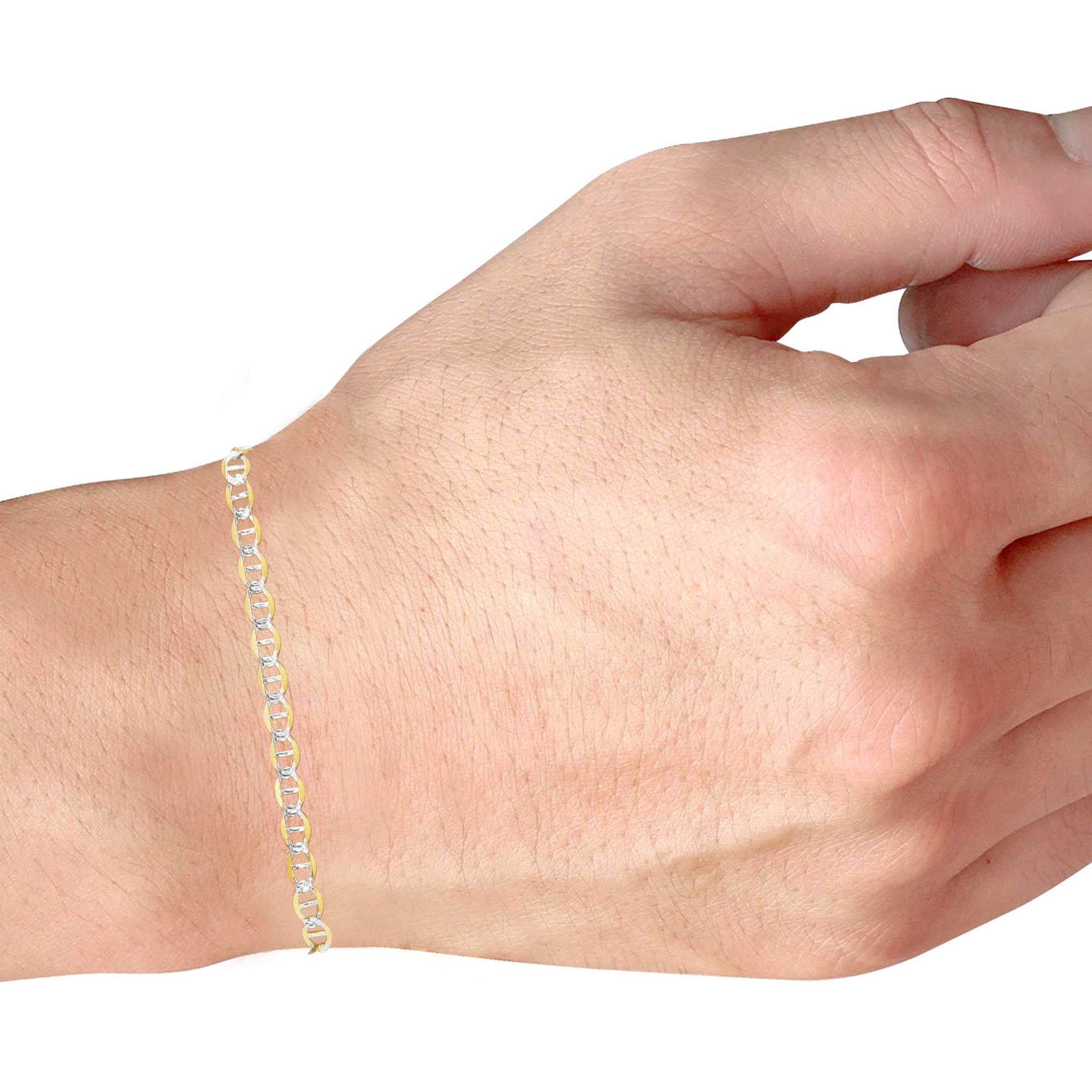 Nuragold 10k Real Yellow Gold Solid Mariner 3mm Anchor Chain Pave Diamond Cut Bracelet (7"-9") Two Tone Italian Jewelry for Men & Women