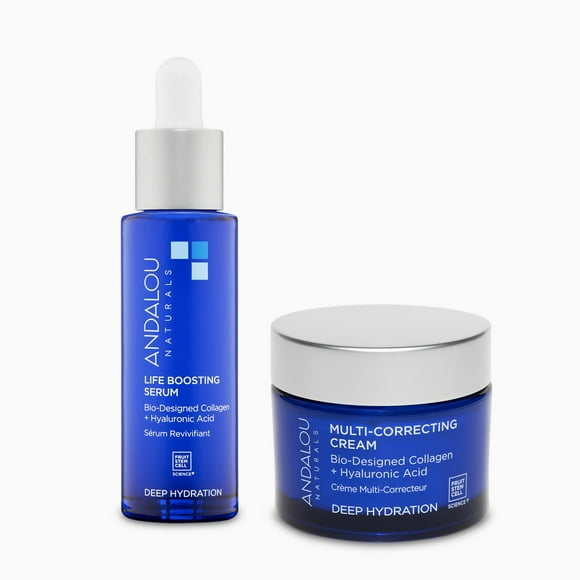 Andalou Naturals Deep Hydration Skincare Bundle, Hyaluronic Acid & Vegan Collagen Multi-Correcting Cream Face Moisturizer, 1.7 fl oz + Deep Hydration Life Boosting Hydra