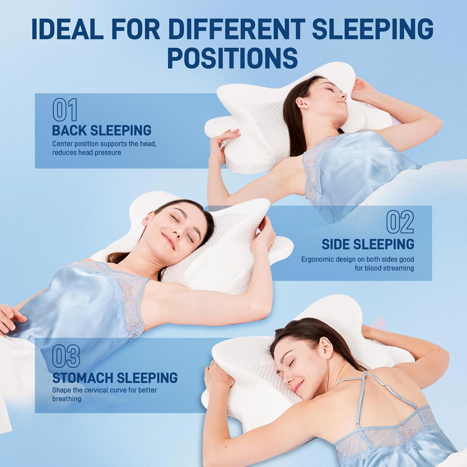 Cervical Neck Pillow for Sleeping, Dual Height Contour Memory Foam Pillow for Neck Pain Relief & Support, Orthopedic Butterfly Pillow for Side, Back & Stomach Sleepers – Cooling Washable Cover