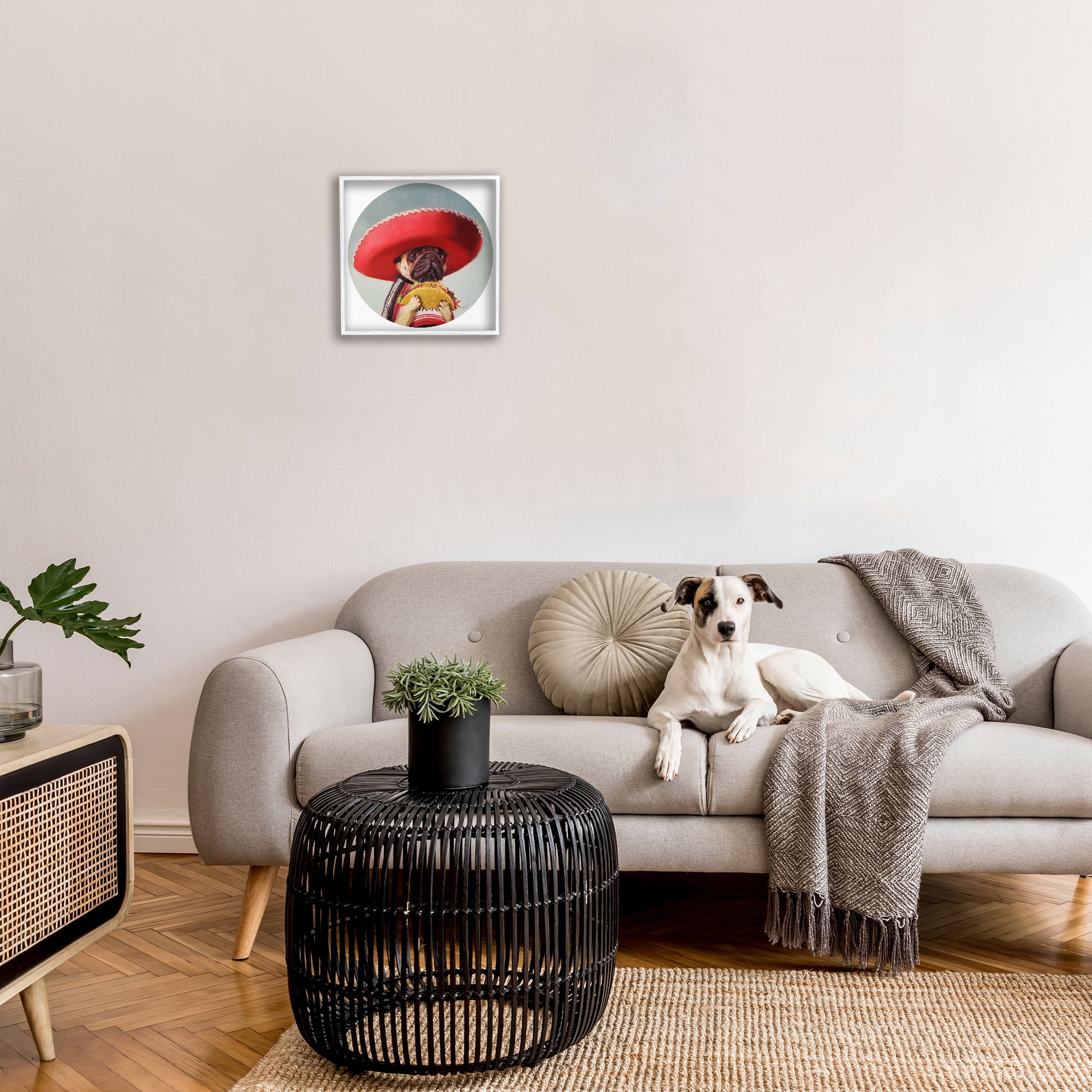 Stupell Industries Pug in Sombrero with Taco Animals & Insects Painting White Framed Art Print Wall Art, 17 x 17