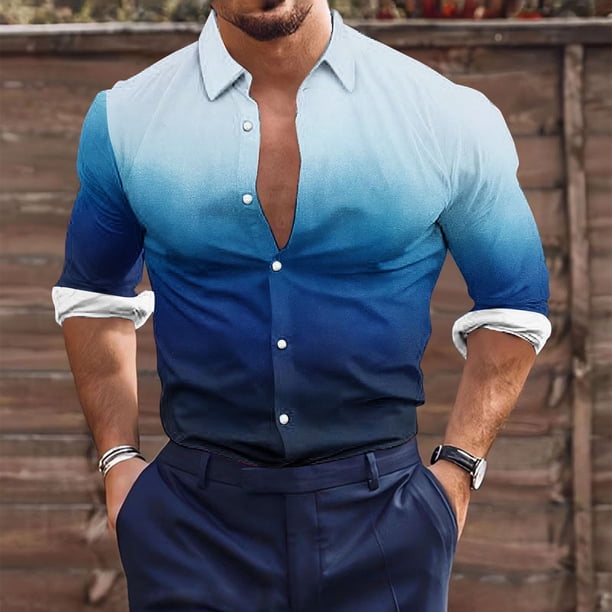 Blusa y camisa de manga larga con cuello vuelto para hombre, estilo casual, a la moda, con botones estampados, blusa de manga larga con cuello vuelto, camisetas de poliéster para hombre