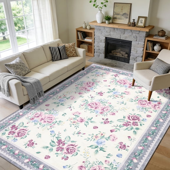 Garvee 8'x10' Vintage Floral Area Rug Washable Foldable Printed Carpet, Non Slip Floor Indoor Mat for Living Room Bedroom Home Office, Gray
