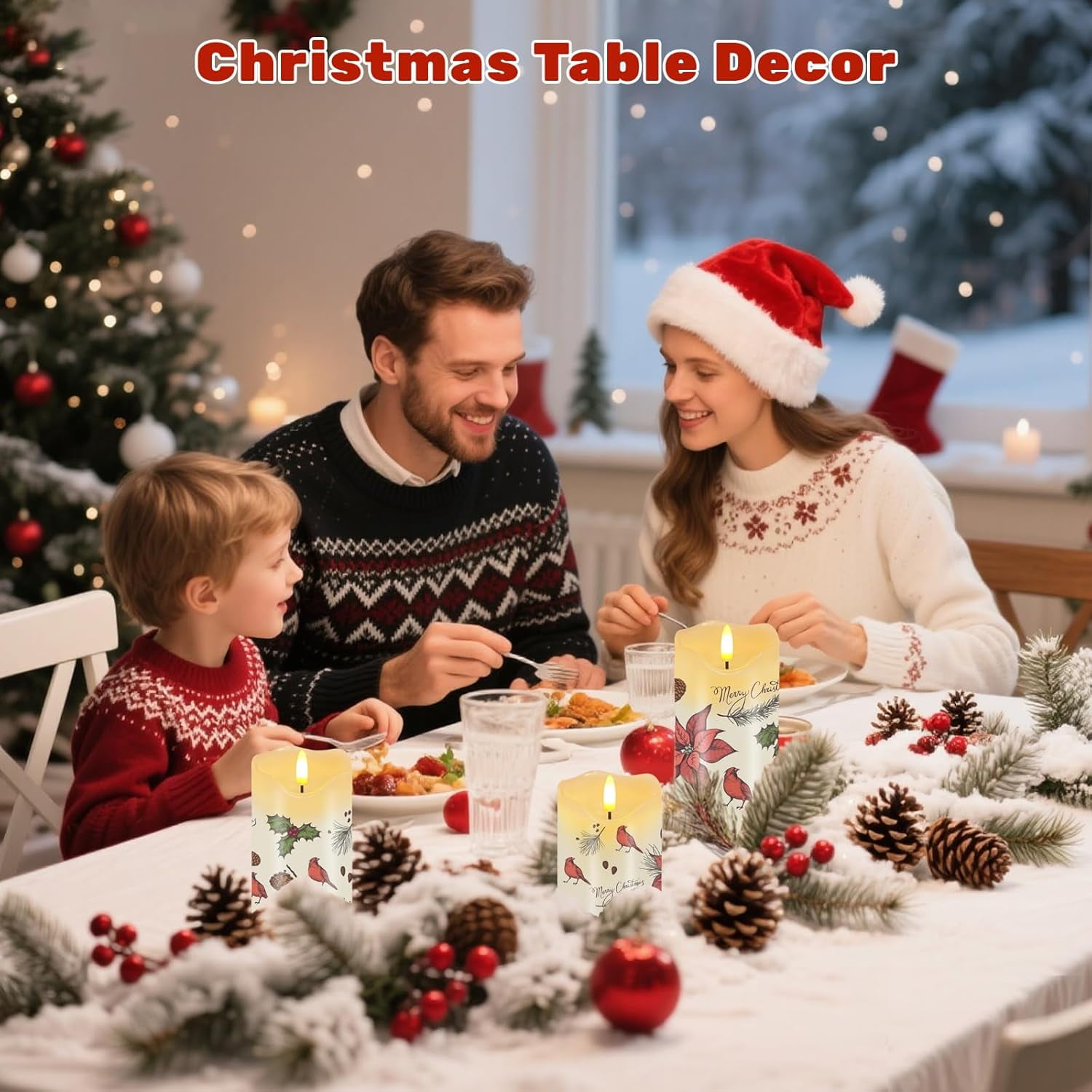 Christmas Flameless Candles, Set of 3 Flickering Red Cardinal LED Candles with Remote & Timer, Dimmable Real Wax Electric Pillar Candles Battery Operated for Home Christmas Decor