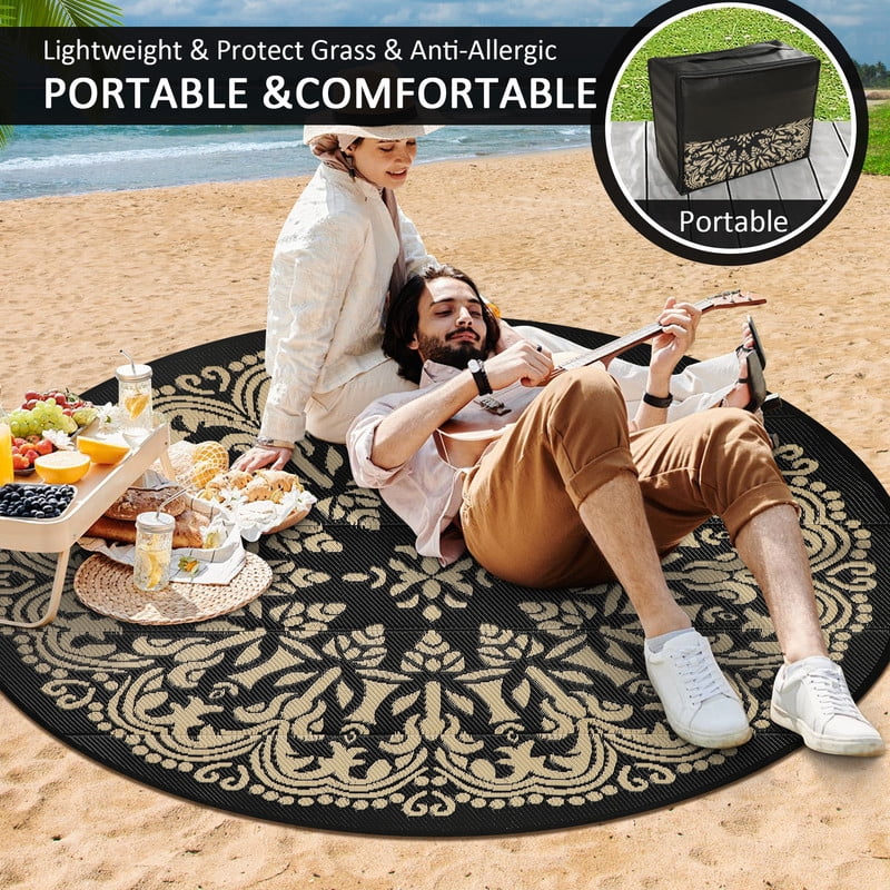 Aonewoe Round Outdoor Rugs 8Ft Waterproof Patio Plastic Straw Rug Reversible Camping Carpet Indoor Outdoor Area Rug for Patio,Deck,Balcony,Picnic,Beach,Outside