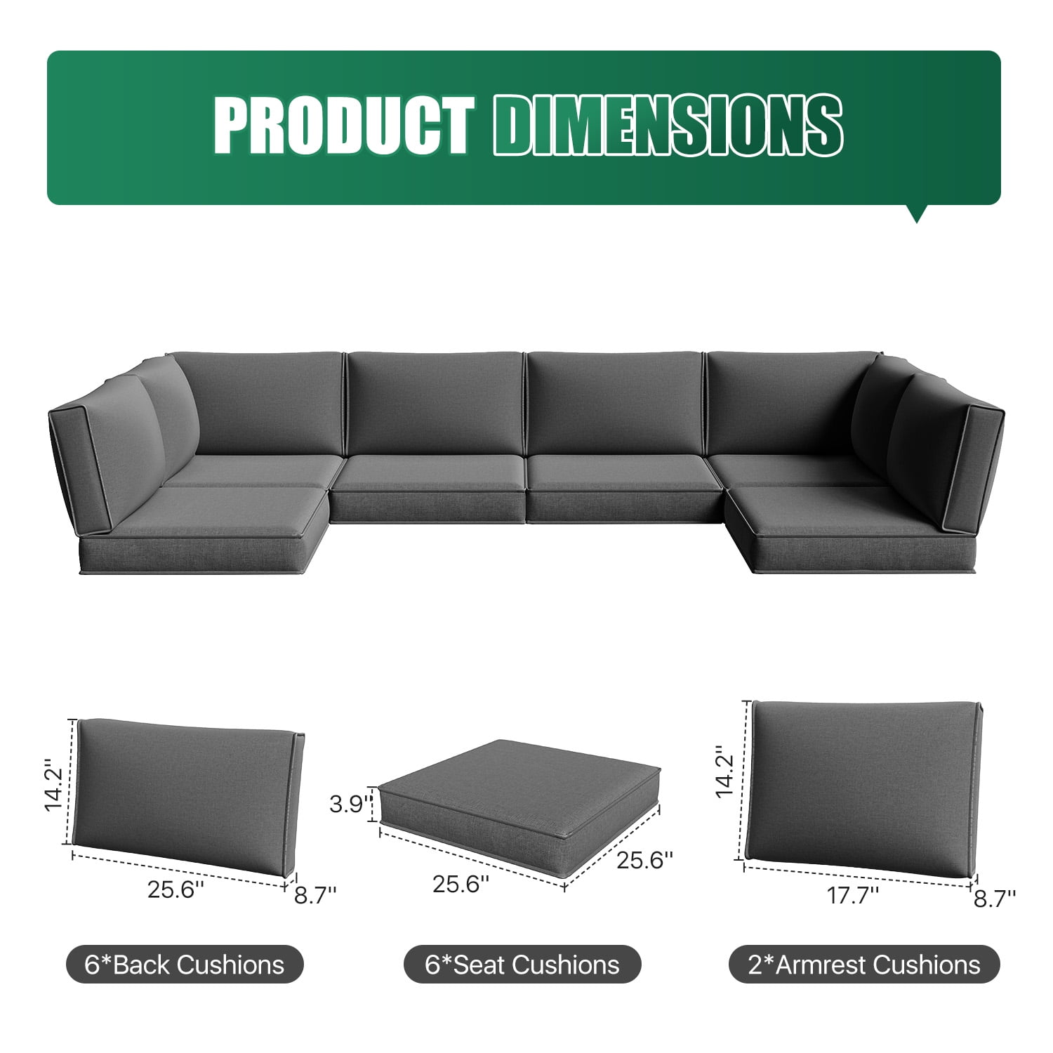 Clouddwell 14-Piece Outdoor Cushion Set for 6-Seat Wicker Sectional - Waterproof, High-Resilience Foam (Dark Gray)