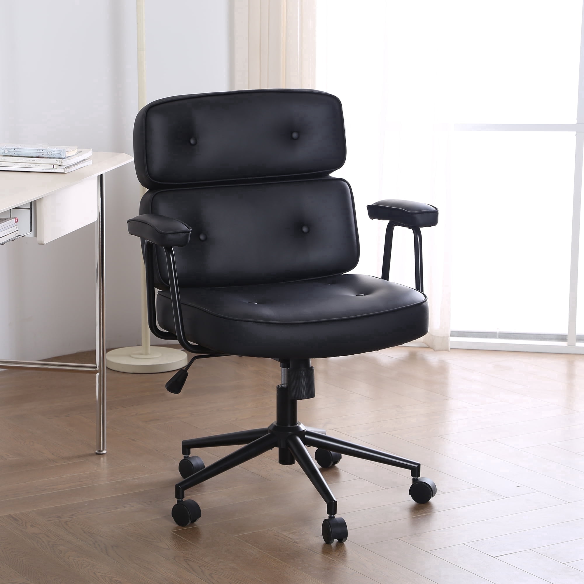 ENYLAY PU Leather Executive Office Chair, Extra Wide Ergonomic Computer Chair with Lumbar Support, Swivel Rocking, Adjustable Height & Thickened Cushions, Mid Back (Black)