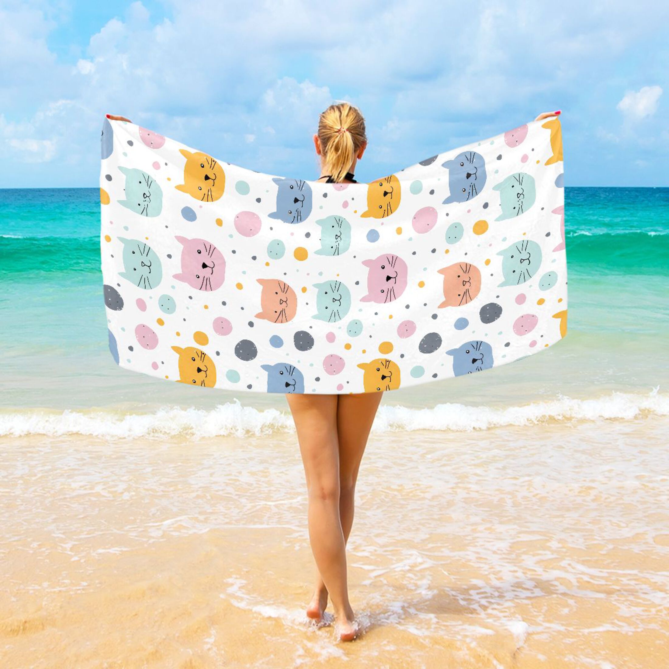 Oversized Beach Towel Extra Large Absorbent Microfiber Bath Towels Soft Quick Drying Hand Paint Cat Face 74"x37"