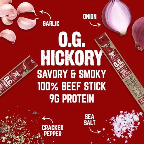 Righteous Felon Grass-Fed Meat Sticks - Low Sugar, High Protein Beef - OG Hickory, 24 pack