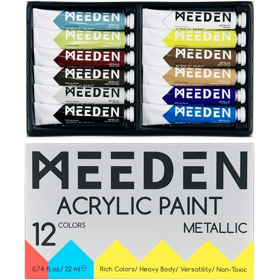 MEEDEN Metallic Acrylic Paint, Set of 12 Vibrant Colors Acrylic Tubes 0.74oz/22ml, Heavy Body Non Toxic Art Craft Paints for Artists, Kids & Beginners, Art Supplies for Canvas Wood Rocks Painting