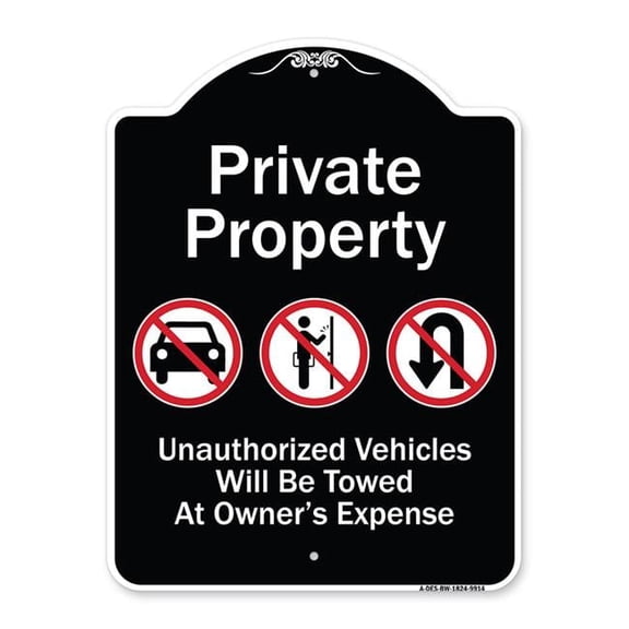 SignMission A-DES-BW-1824-9914 18 x 24 in. Designer Series Sign - Private Property Unauthorized Vehicles Towed No Cars No Solicitors No Turn Around Symbols, Black & White