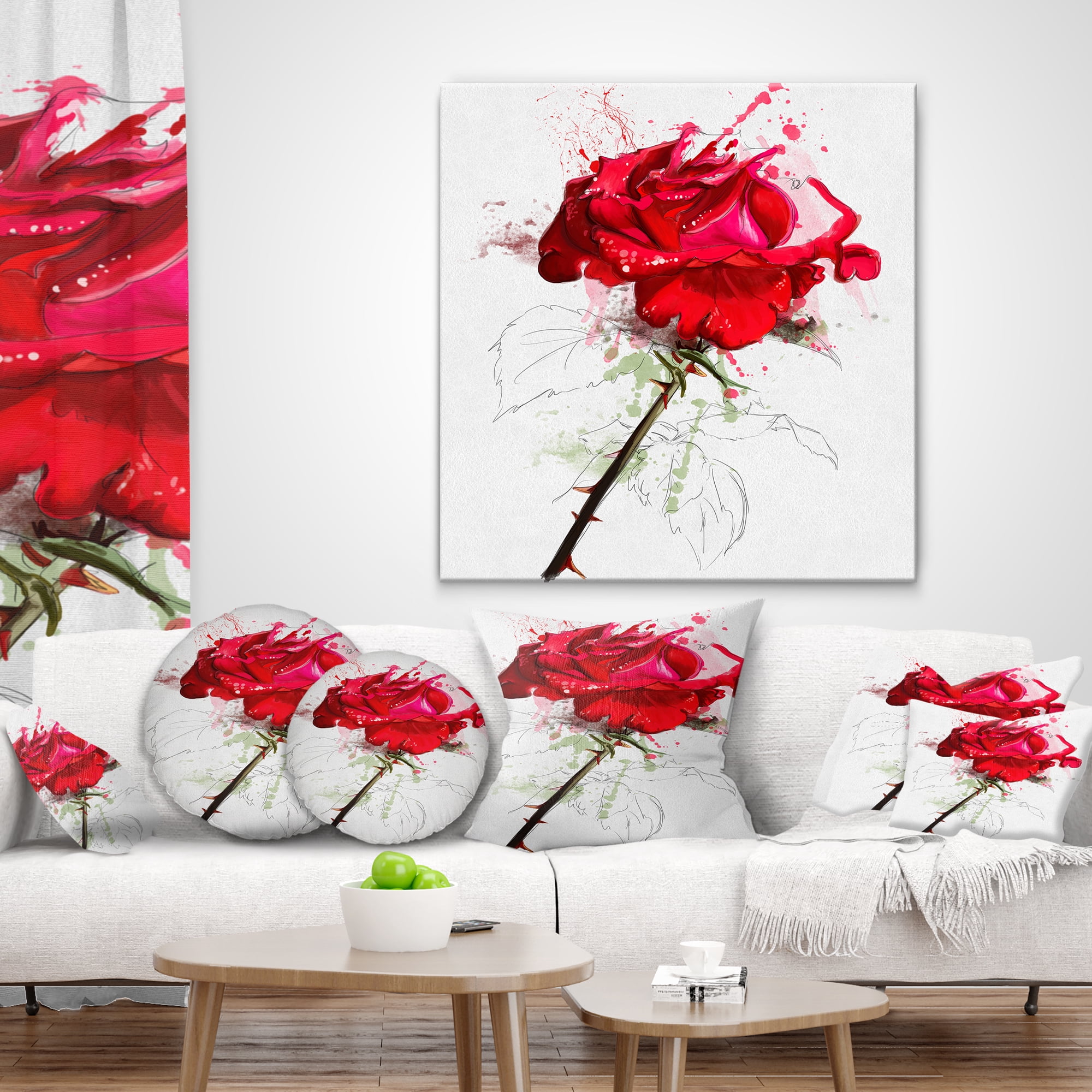 Designart Rose Sketch with Stem on White - Flower Throw Pillow - 16x16