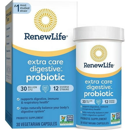 Renew Life Extra Care Digestive Probiotic Capsules, Daily Supplement Supports Immune, Digestive and Respiratory Health, L. Rhamnosus GG, Dairy, Soy and gluten-free, 30 Billion CFU, 30 Count