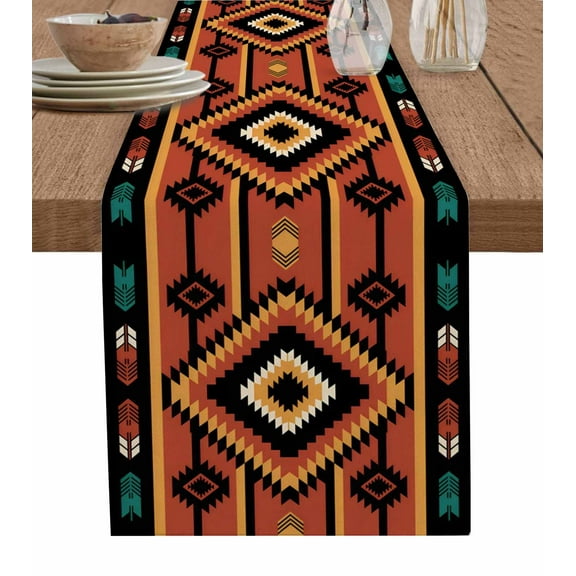 ERUNPONLY Aztec Southwest Table Runner - 72 Inch Long Orange Black Boho Tribes Abstract Cotton and Linen Blended Dress Scarves Farmhouse Table Runner for Kitchen Dining, Coffee Table, 16"x72"