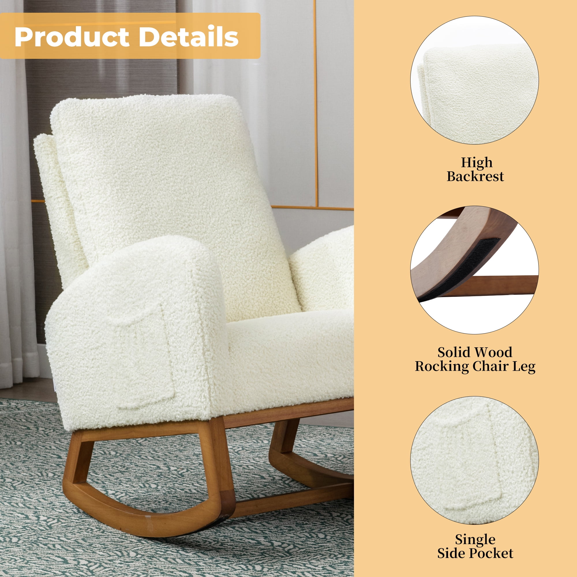 Muumblus Glider Rocking Chair for Nursery, High Back Accent Armchair for Living Room, White Teddy