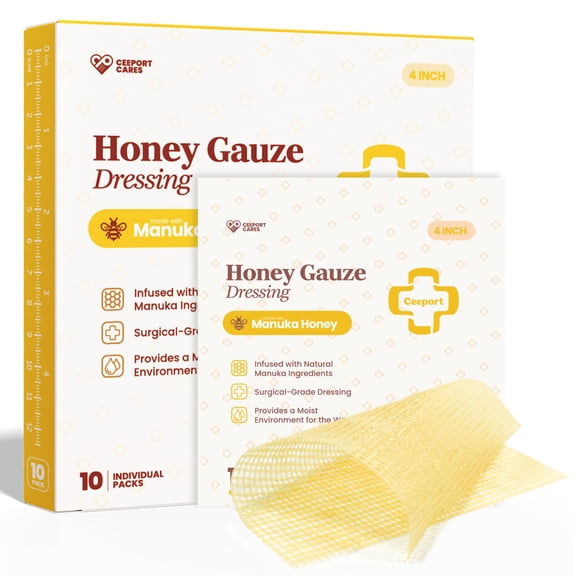 Ceeport Manuka Honey Gauze Wound Dressing 4" x 4", Medical Grade Honey Bandages for Wound Care, Honey Patch for Faster Healing from Burns, Abrasions, Cuts and Scalds (Pack of 10)