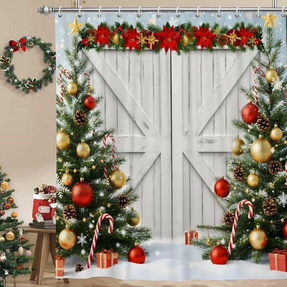 Farmhouse Christmas Shower Curtain Rustic Wood Barn Door Bathroom Curtain Xmas Tree Waterproof Fabric Curtain,60"x72"