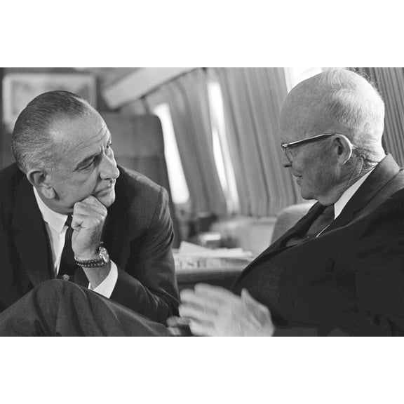 24x36 gallery poster, President Lyndon Johnson with Eisenhower aboard Air Force One in October 1965