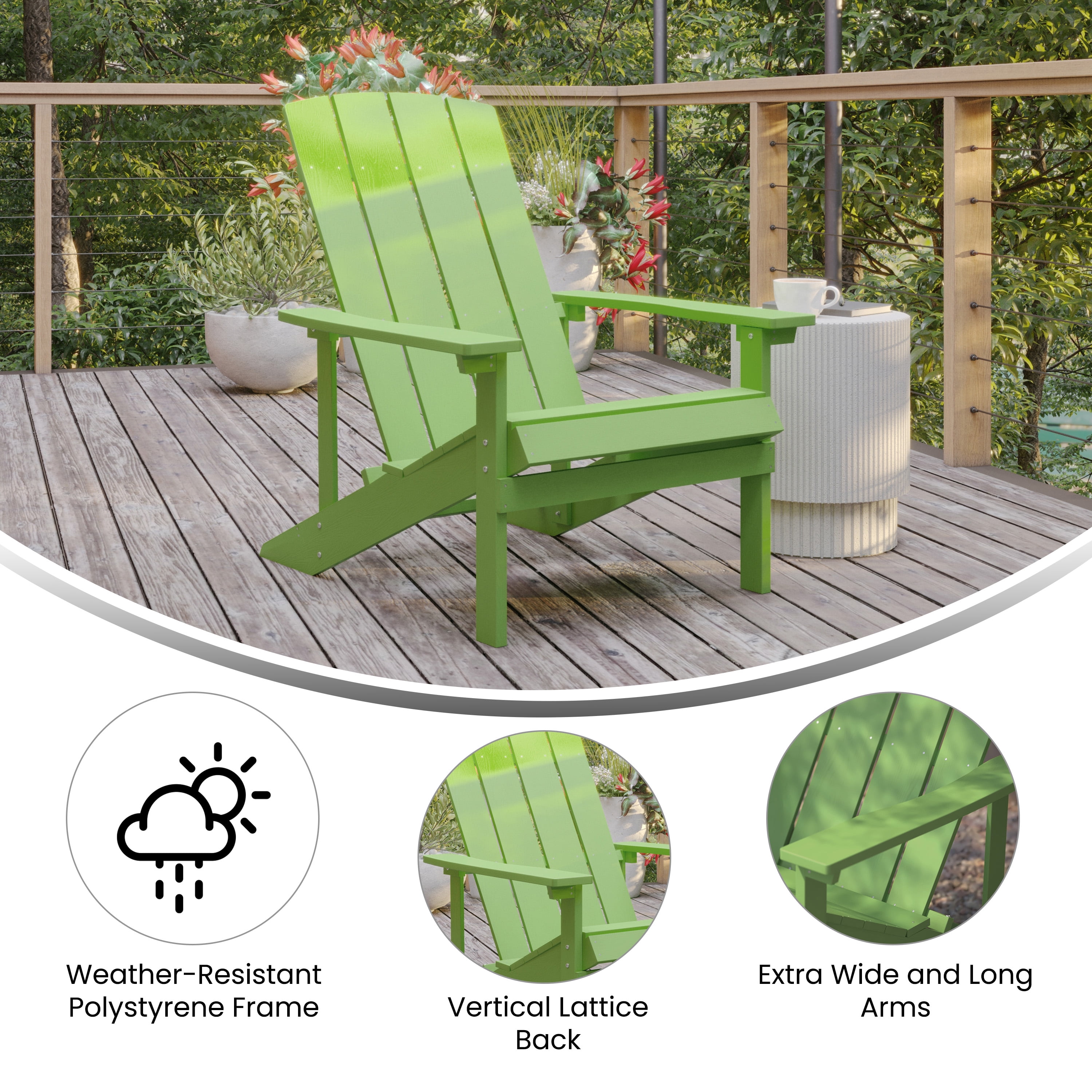 Flash Furniture Charlestown Commercial Grade Indoor/Outdoor Adirondack Chair, Weather Resistant Durable Poly Resin Deck and Patio Seating, Lime Green
