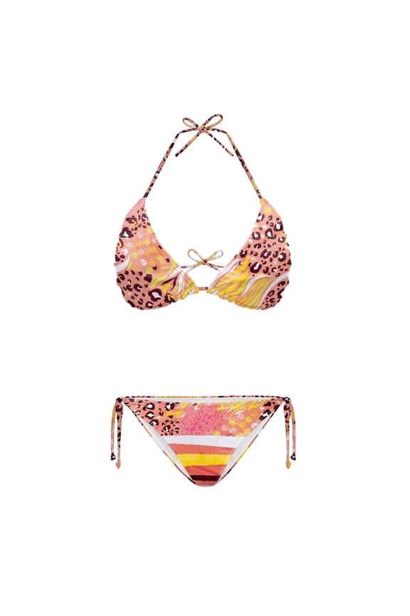 Plus Size Leopard Print Two Piece Ladies Bikini Swimsuit Set Quick Drying Halter Tie Side Bathing Suit Swimwear for Women