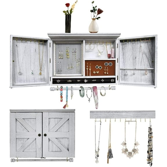 Rustic Wall-Mounted Jewelry Organizer, Wooden Barndoor Decor, Jewelry Holder for Necklaces, Earrings, Bracelets, Rings (White)