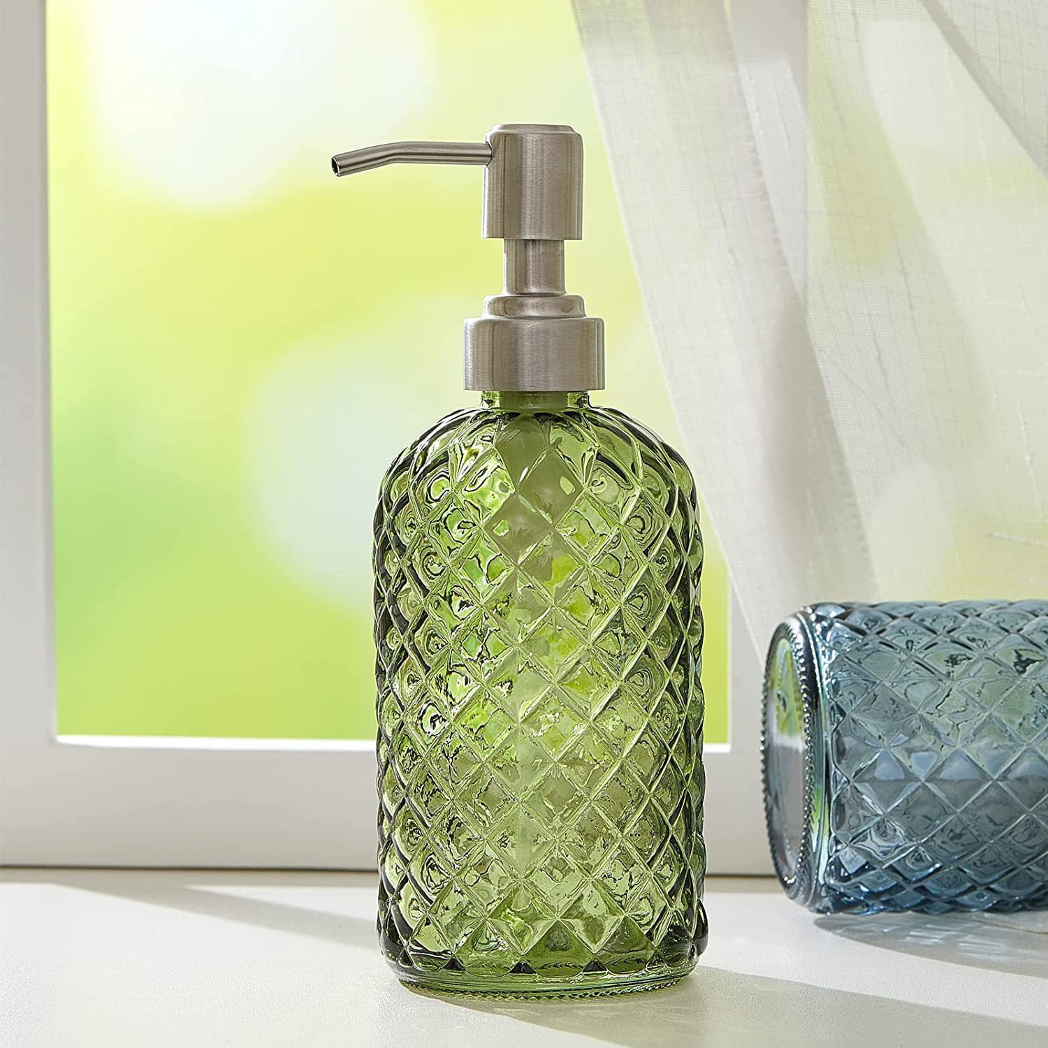 AIGIA Pump Soap Dispenser Bottle, 13.5oz Hand Soap Dispenser with Stainless Steel Pump,Refillable Liquid Glass Soap Dispenser Empty for Kitchen, Bathroom Countertop