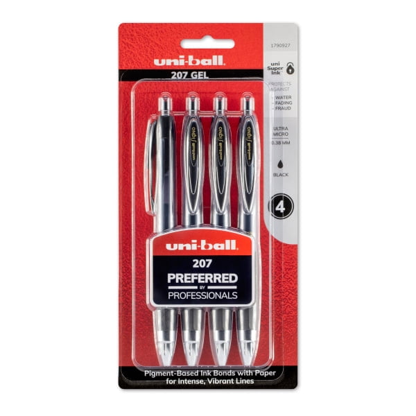 uni-ball® 207™ Retractable Fraud Prevention Gel Pens, Ultra Micro Point, 0.38 mm, Translucent Black Barrels, Black Ink, Pack Of 4