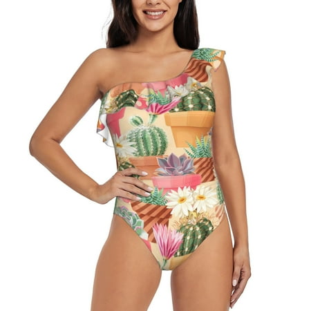 Coaee Succulent And Cactus Women s One Piece Swimsuits One Shoulder Swimwear Asymmetric Ruffle Monokinis Bathing Suits - Small