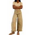 thumbnail image 6 of sicmoss Women's Khaki Cotton Barrel Jeans Y2K Wide Leg Baggy Ruffle Hem with Pockets, 6 of 7