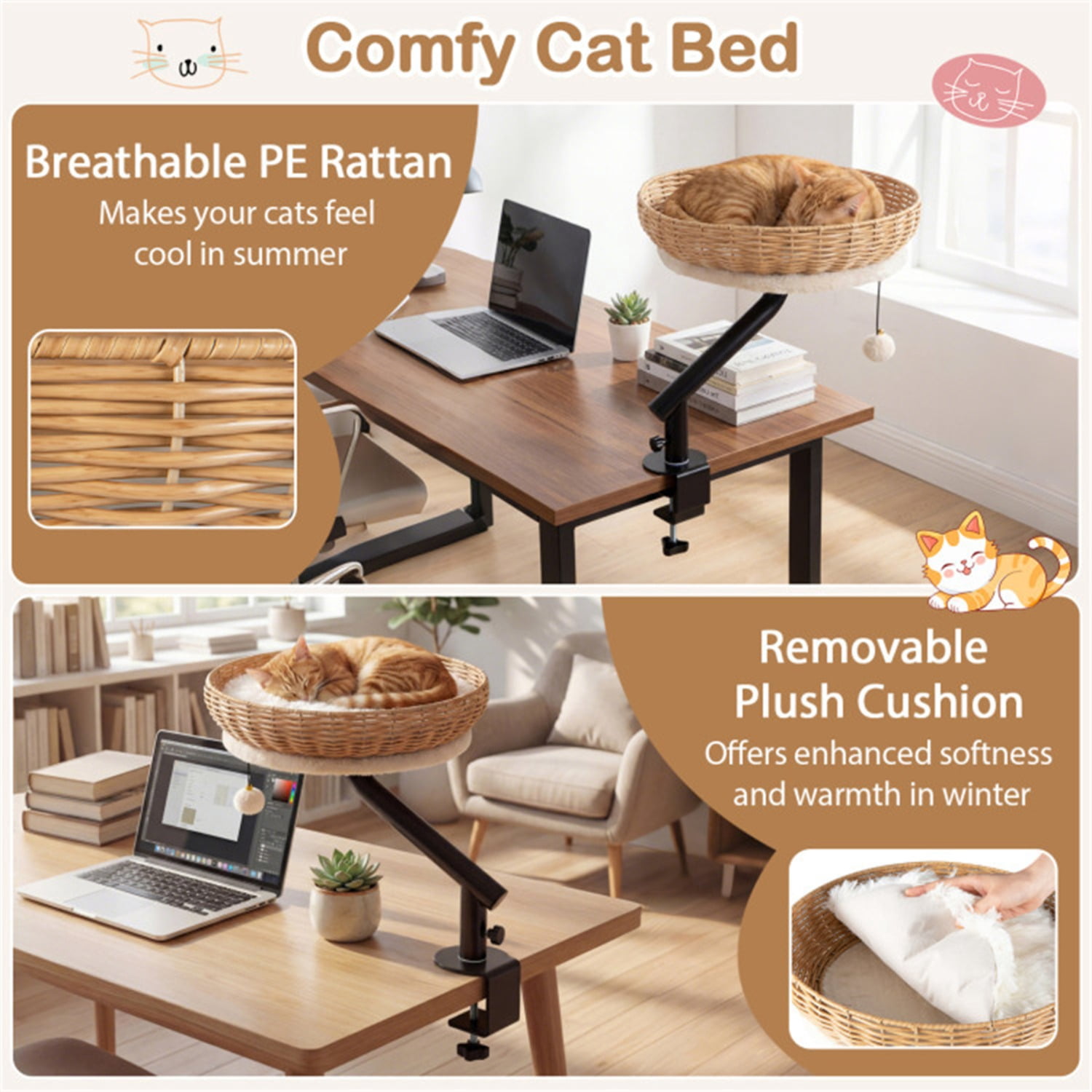 360° Rotatable Desktop Cat Bed Perch, 2-in-1 Workspace Cat Retreat with Jingling Ball (Natural + Black + White)