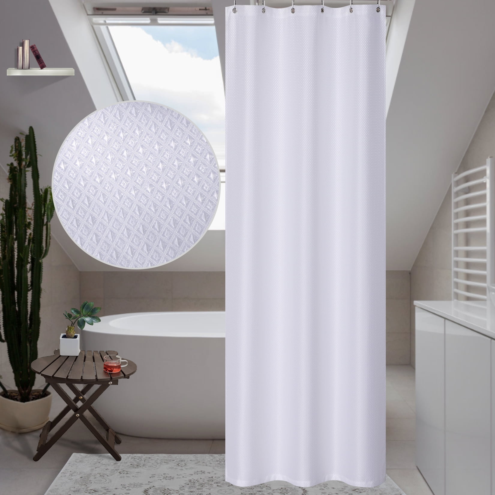 Waffle Fabric Shower Curtain Heavy Duty Waterproof for Bathroom Plastic Hooks 