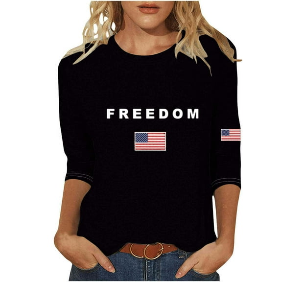 Freedom Shirt for Women, Women's Freedom Tshirt Unisex Crewneck 3/4 Sleeve Letter Print Graphic Tees Shirts