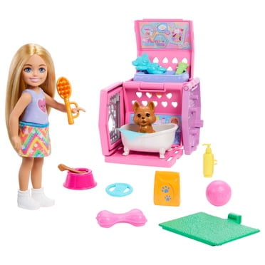 Barbie Chelsea Puppy Carrier Playset, Small Doll and Dog Carrier with Puppy Accessories