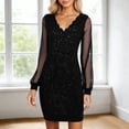 thumbnail image 2 of IWRICH Sparkly Dresses for Women V Neck Mesh Long Sleeve Dress Elegante Prom Dresses Black XL, 2 of 6