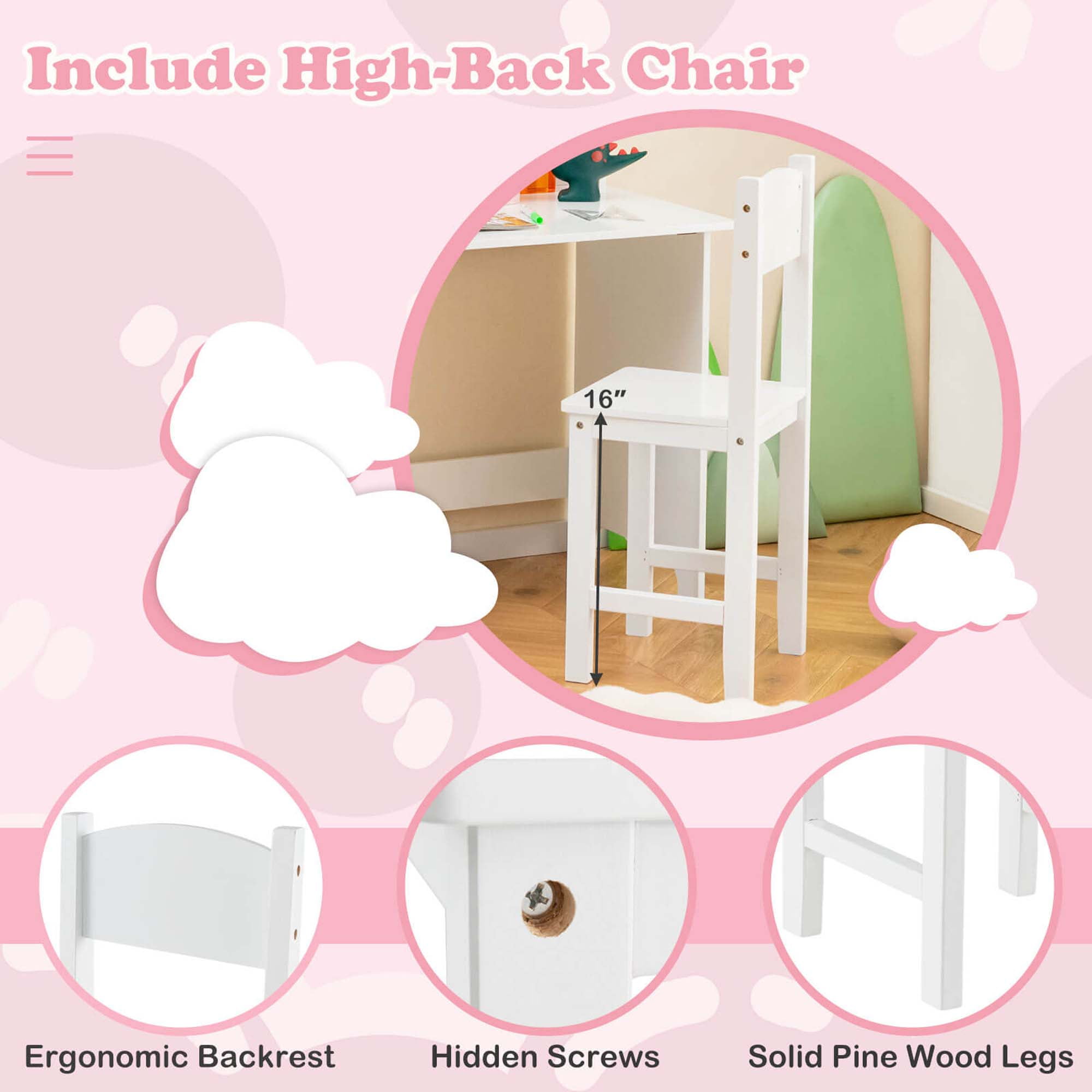 Costway Kids Study Desk Chair Children Table & Chair Set with Whiteboard White