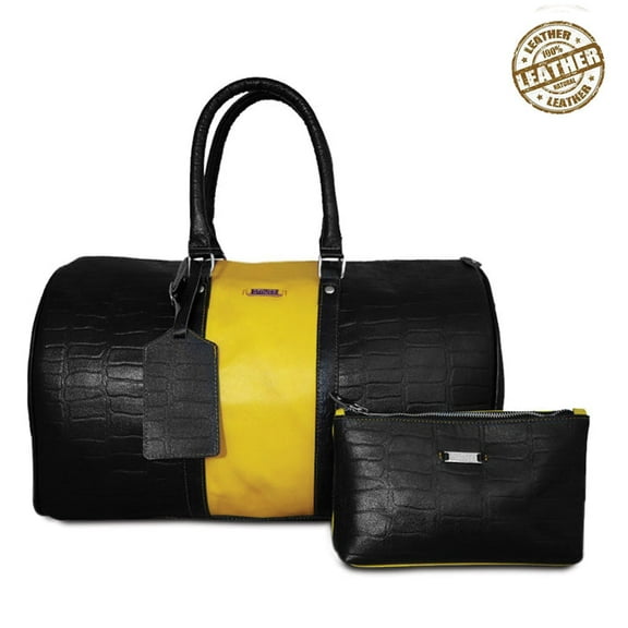 Melvin by Strutt - The Yellow and Black Leather Unisex Cabin/ Duffle Baggage with Toiletry Kit