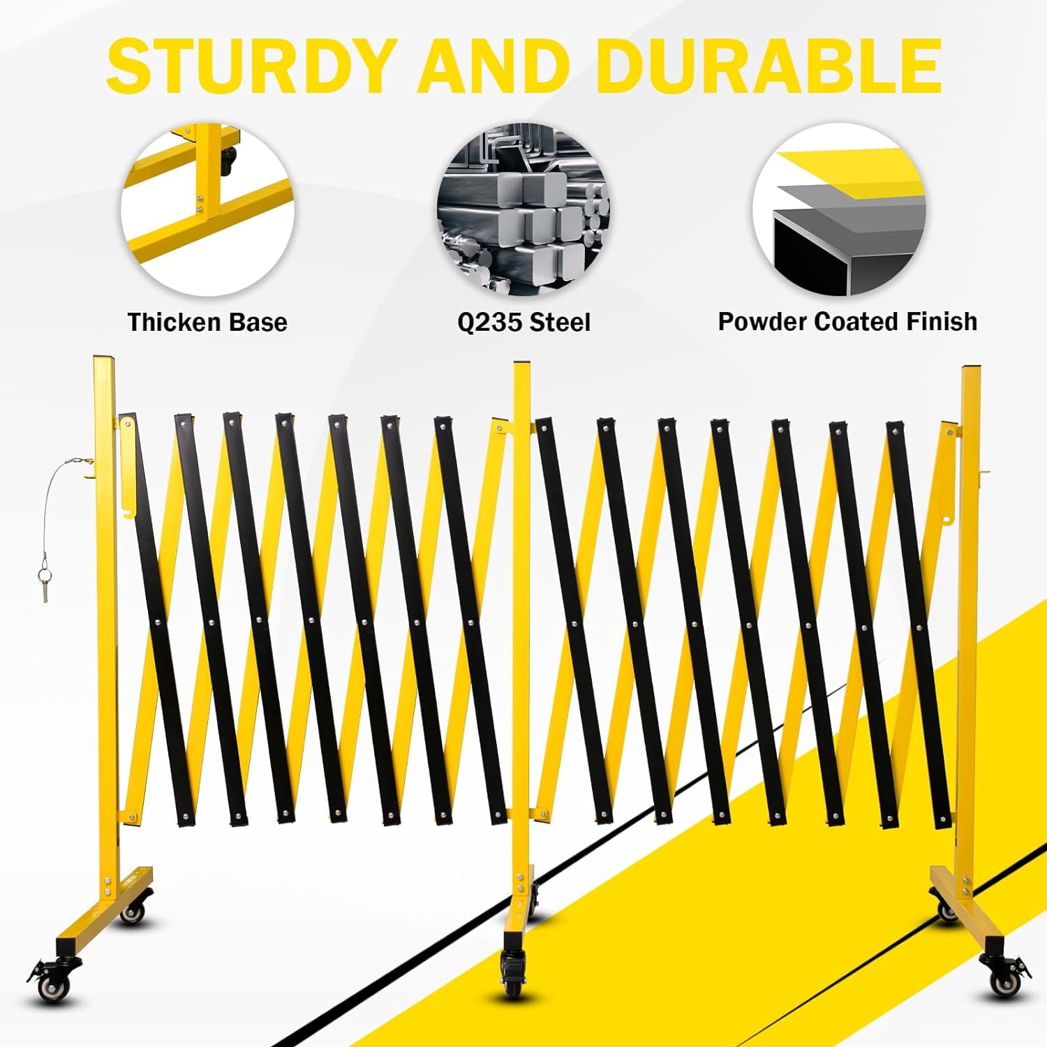 Metal Expandable Barricade, 23 Feet Retractable Fence Outdoor, Mobile Safety Barrier Gate, Easily Assembled Expanding Gate with Casters, Collapsible Accordion Barricade Gate