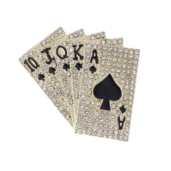 Crystal Rhinestone Royal Flush Poker Playing Hand Cards Brooch Pin, Gold