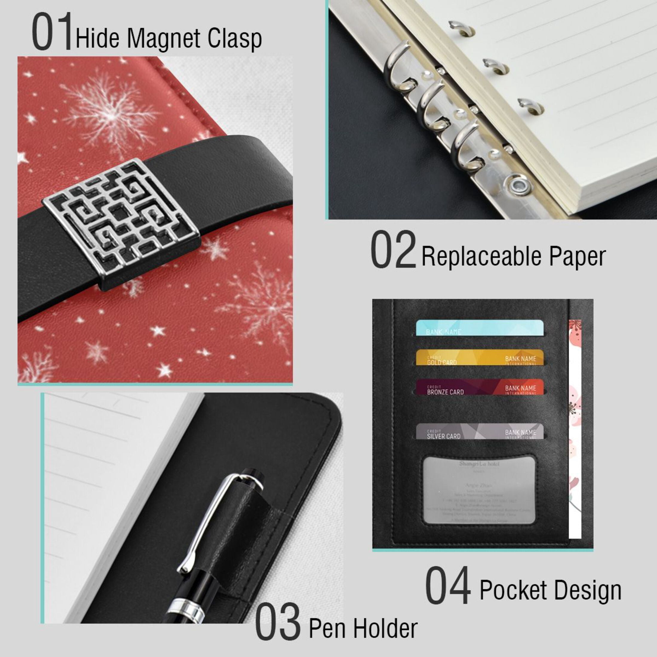 Leather Planner Leather Notebook Notebook Journal Binder Design Pen Pocket Design Convenient for Storage White Snowflakes and Stars