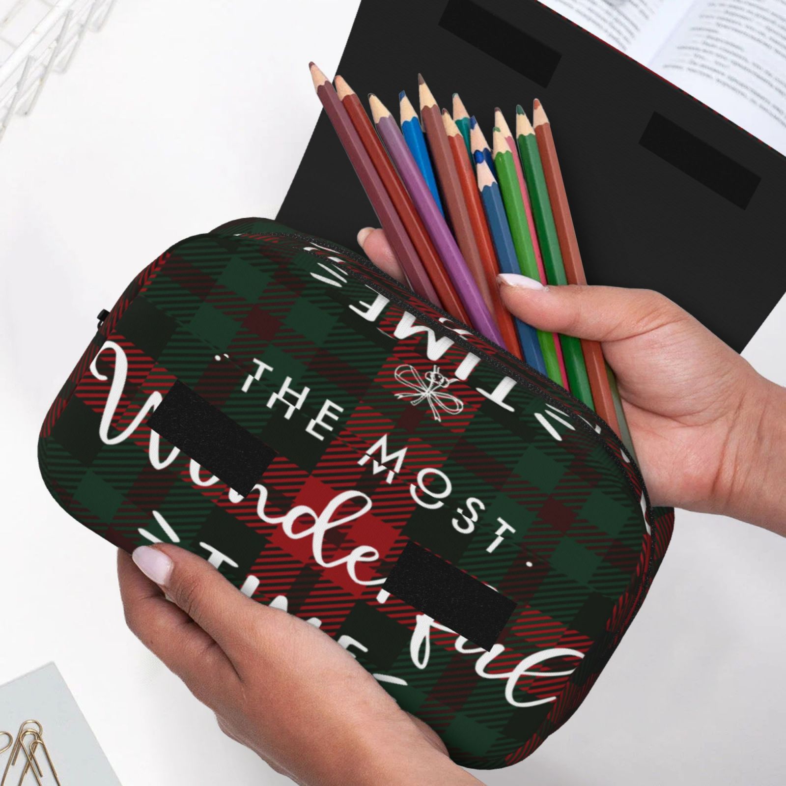 Rateoe Wonderful Time Christmas Pattern Double Clamshell Pen Case, Storage Organizer with Two Zipper Compartments– Holds Up to 50 Pencils & Pens