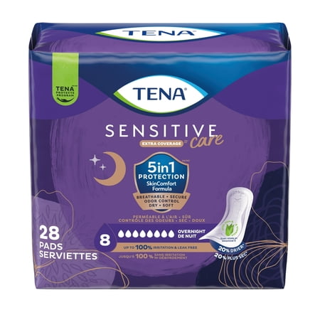 Tena Incontinence Pads Bladder Control & Postpartum for Women Overnight Absorbency Sensitive Care 28 Count