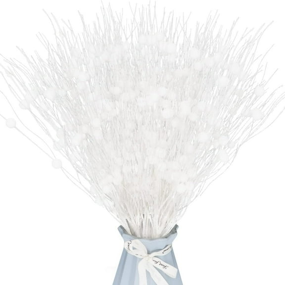 Artificial Glitter Berry Stems 12 Pcs White Christmas Decoration Twisted Glittery Twigs Christmas Tree Picks Branches Ornaments for Xmas Vase Holiday Wedding Party (17 inch)