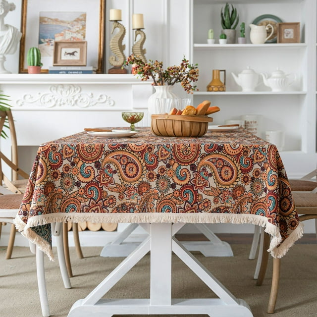 Namzi Retro Tablecloth Fabric Home Rectangular Table Fabric Geometric Tea Table Fabric Long Bar Meal Pad Fabric Desk Pad Printed Tablecloth (Orange, 300 * 140cm)