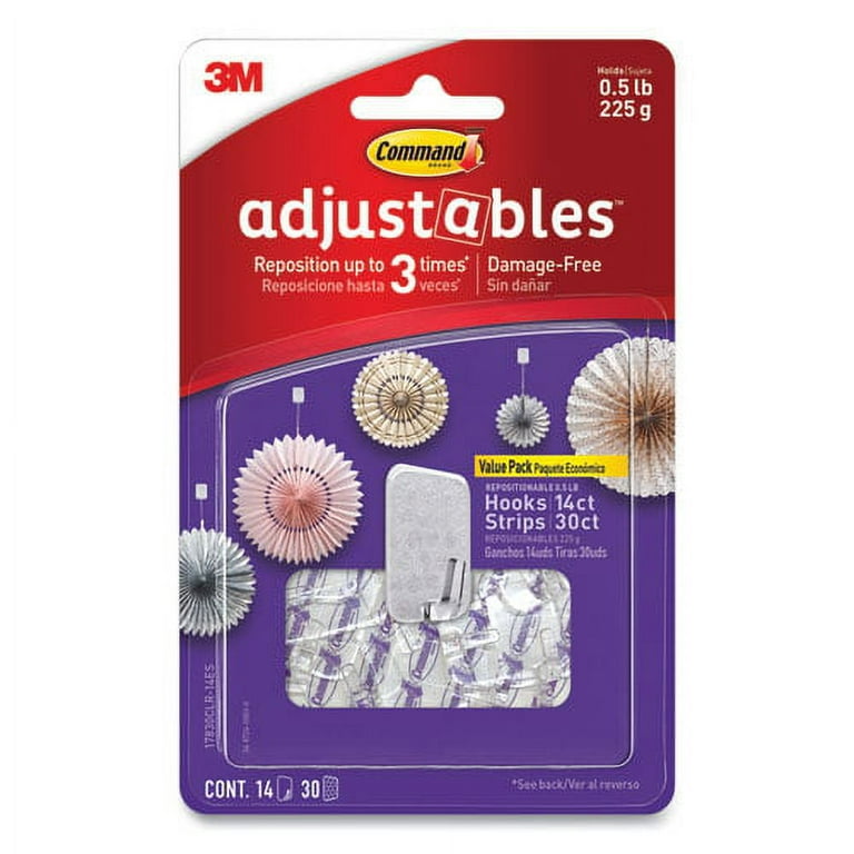 Adjustables Repositionable Mini Hooks, Plastic, White, 0.5 lb Capacity, 14 Hooks and 30 Strips Adjustables Repositionable Mini Hooks, Plastic, White, 0.5 lb Capacity, 14 Hooks and 30 Strips