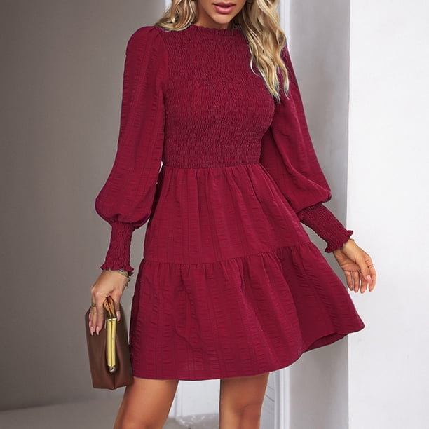 Vestido De Manga Farol Vestido fluido para mujer, jersey, vestido corto Vintage, cintura alta, ropa de trabajo diaria para mujer Cgtredaw Vino Tinto Xl para Mujer