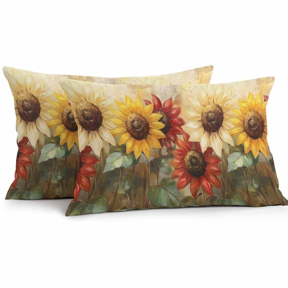 Waterproof Throw Pillow Covers Set of 2, 20x12 Inch Summer Sunflowers Decorative Pillowcases Outdoor Pillow Slip Cushion Covers Set for Couch Tent Vintage Oil Painting Red Yellow Floral