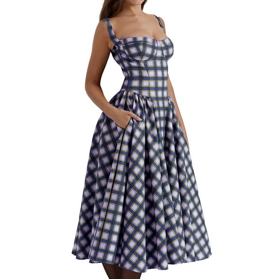 Womens Corset Dress Elegant Strap Midi Dress Flowy Pleated Hem Low Cut Prom Dresses Bustier Dress Blue Plaid S